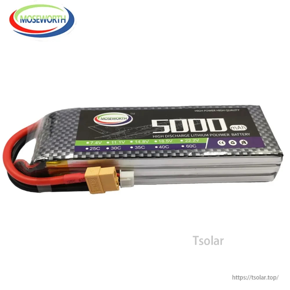 MOSEWORTH LiPo Battery, MOSEWORTH 5000mAh LiPo battery, 7.4V–22.2V, high discharge rate (25C–60C), ideal for RC models and high-performance devices.