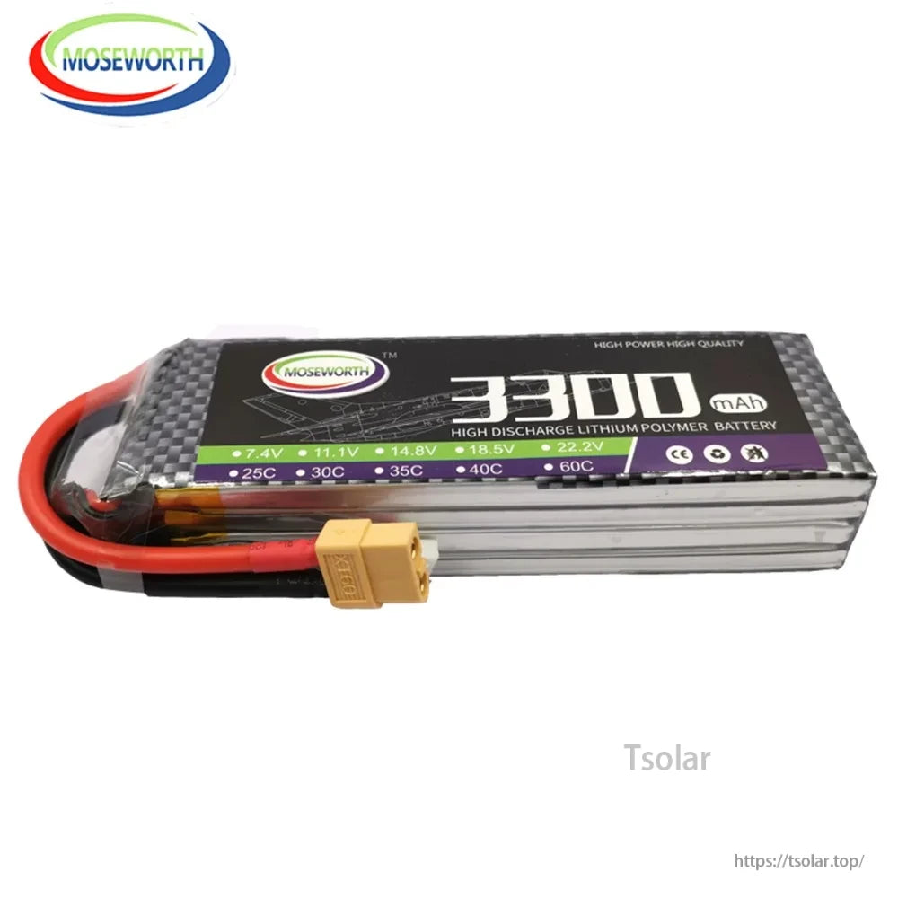 MOSEWORTH LiPo Battery, MOSEWORTH 3300mAh LiPo battery, 7.4V-22.2V, 25C-60C discharge rate, high power and quality, includes XT60 connector.