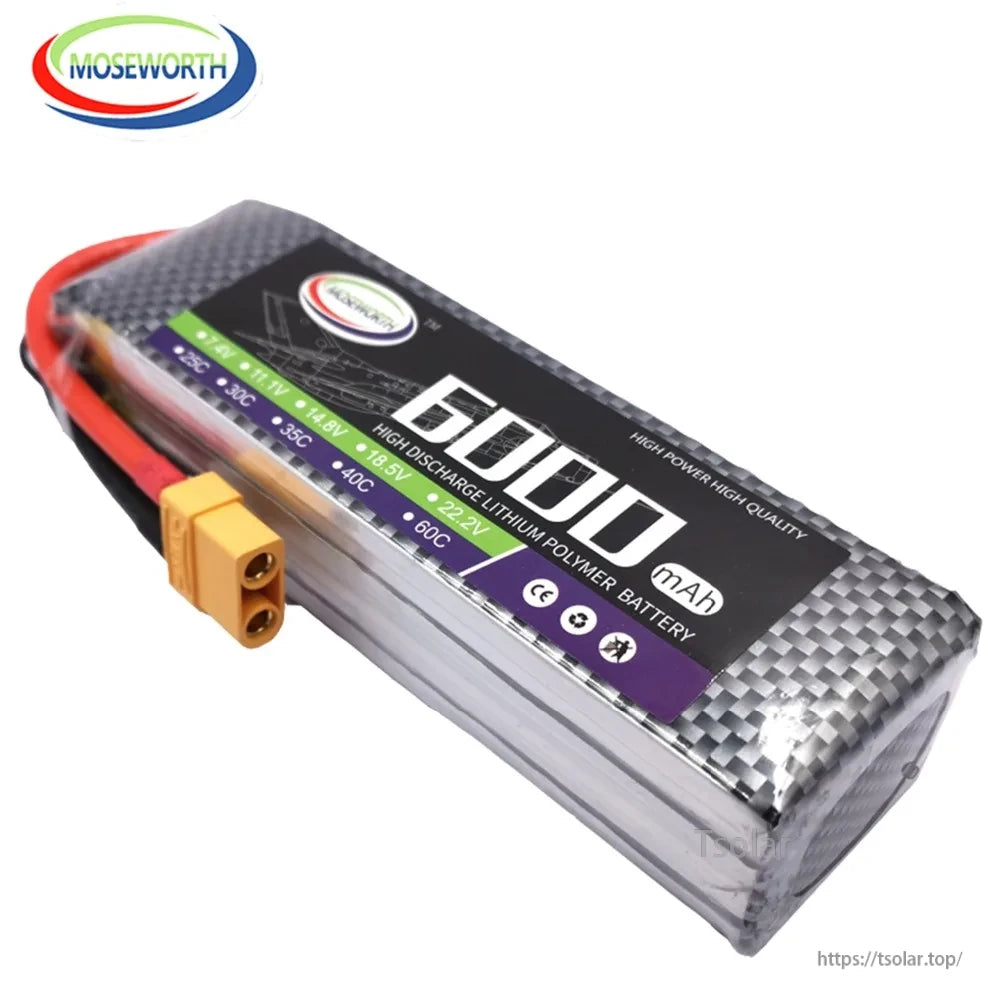 MOSEWORTH LiPo Battery, MOSEWORTH 6000mAh LiPo battery, 11.1V-22.2V, 25C-60C discharge, CE certified, high power and quality for reliable performance.