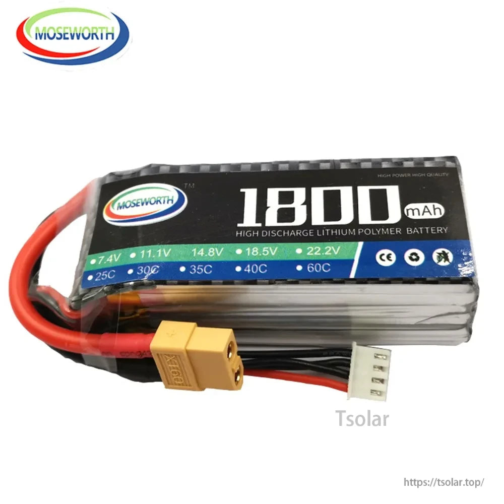 MOSEWORTH LiPo Battery, MOSEWORTH 1800mAh LiPo battery, 7.4V-22.2V, 25C-60C discharge rate, includes XT60 connector and balance plug for high-performance use.
