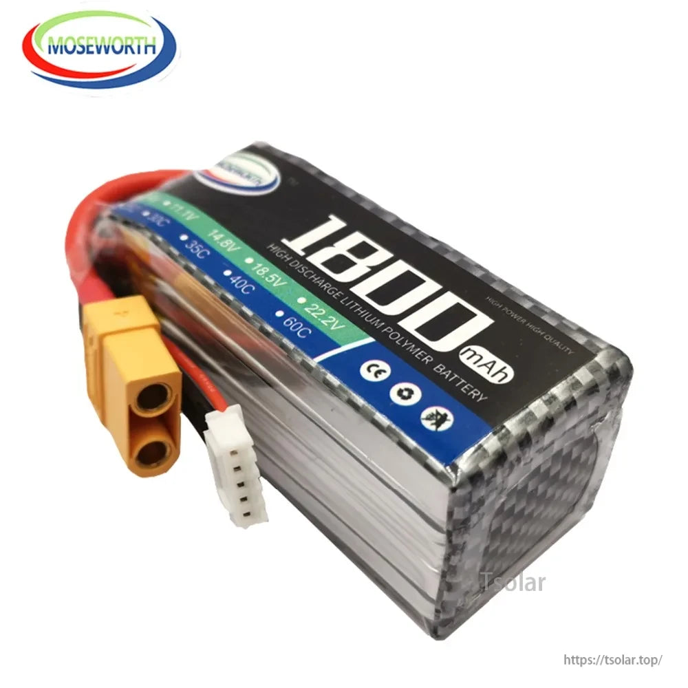 MOSEWORTH LiPo Battery, MOSEWORTH 1800mAh 14.8V high discharge LiPo battery, 35C-60C, CE certified, includes yellow and white connectors.
