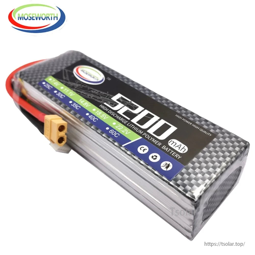 MOSEWORTH LiPo Battery, MOSEWORTH 5200mAh 14.8V 60C high discharge LiPo battery, CE certified, delivering high power and quality performance.