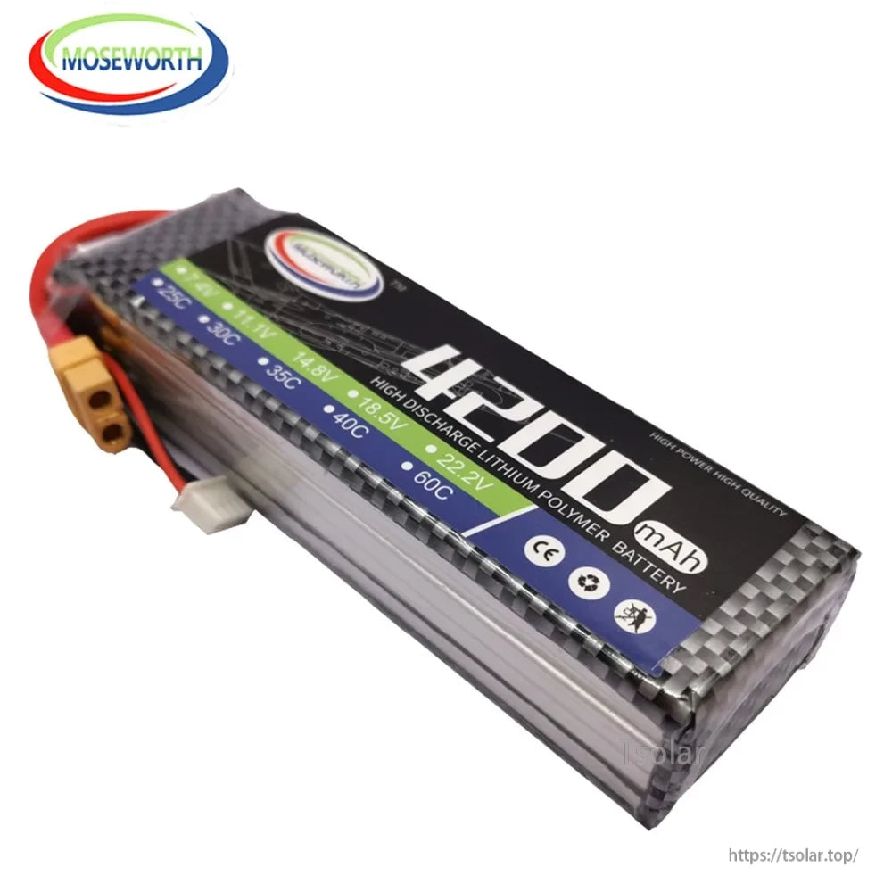 MOSEWORTH LiPo Battery, MOSEWORTH 4200mAh LiPo battery, 7.4V-22.2V, 25C-60C discharge rate, high power and quality, ideal for demanding RC applications.