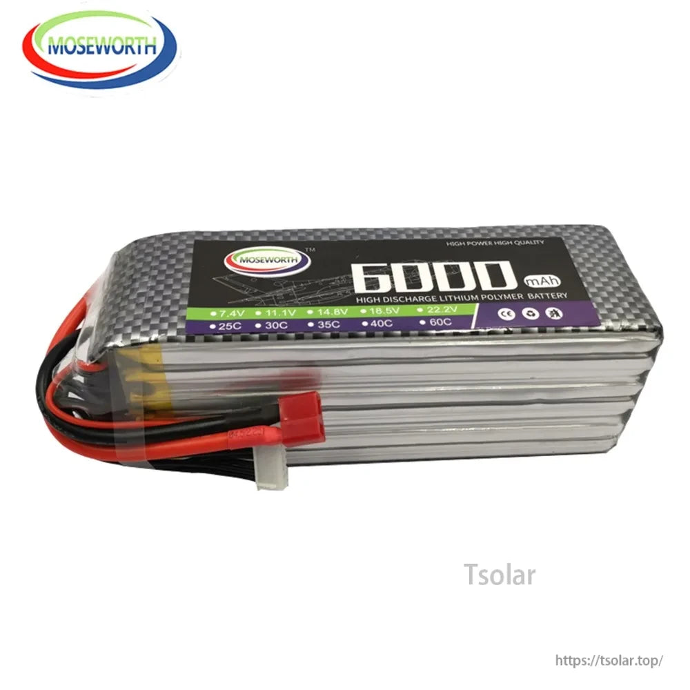 MOSEWORTH LiPo Battery, MOSEWORTH 6000mAh LiPo battery, 7.4V-22.2V, 25C-60C high discharge, CE certified, ideal for high-performance RC models and durable power needs.