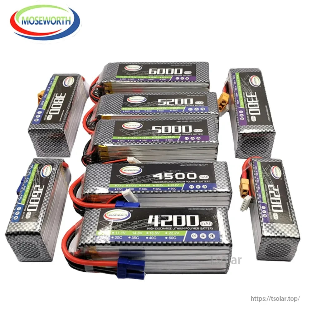MOSEWORTH LiPo Battery, MOSEWORTH LiPo batteries offer 2000–6000mAh capacities, high discharge rates, multiple voltages, and durable construction for reliable power performance.