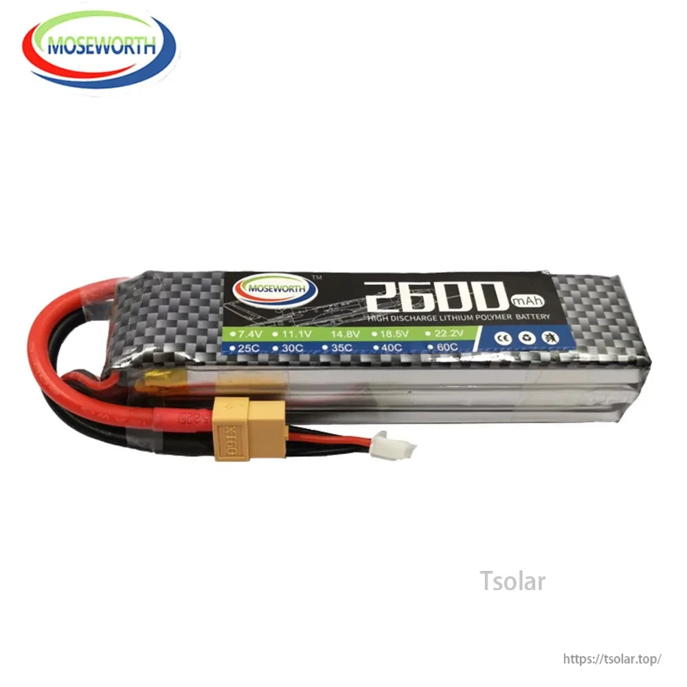 MOSEWORTH LiPo Battery, MOSEWORTH 2600mAh LiPo battery, 7.4V-22.2V, 25C-60C high discharge rate, includes XT60 plug and balance connector for reliable power delivery.