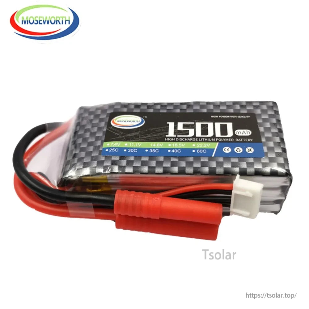 MOSEWORTH LiPo Battery, MOSEWORTH 1500mAh LiPo battery, 7.4V–22.2V, high discharge 25C–60C, CE certified, ideal for RC models and high-performance devices.