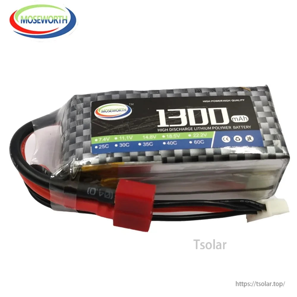 MOSEWORTH LiPo Battery, MOSEWORTH 1300mAh LiPo battery, 7.4V–22.2V, 25C–60C discharge rate, includes red/black wires and connector, delivering high power and quality performance.