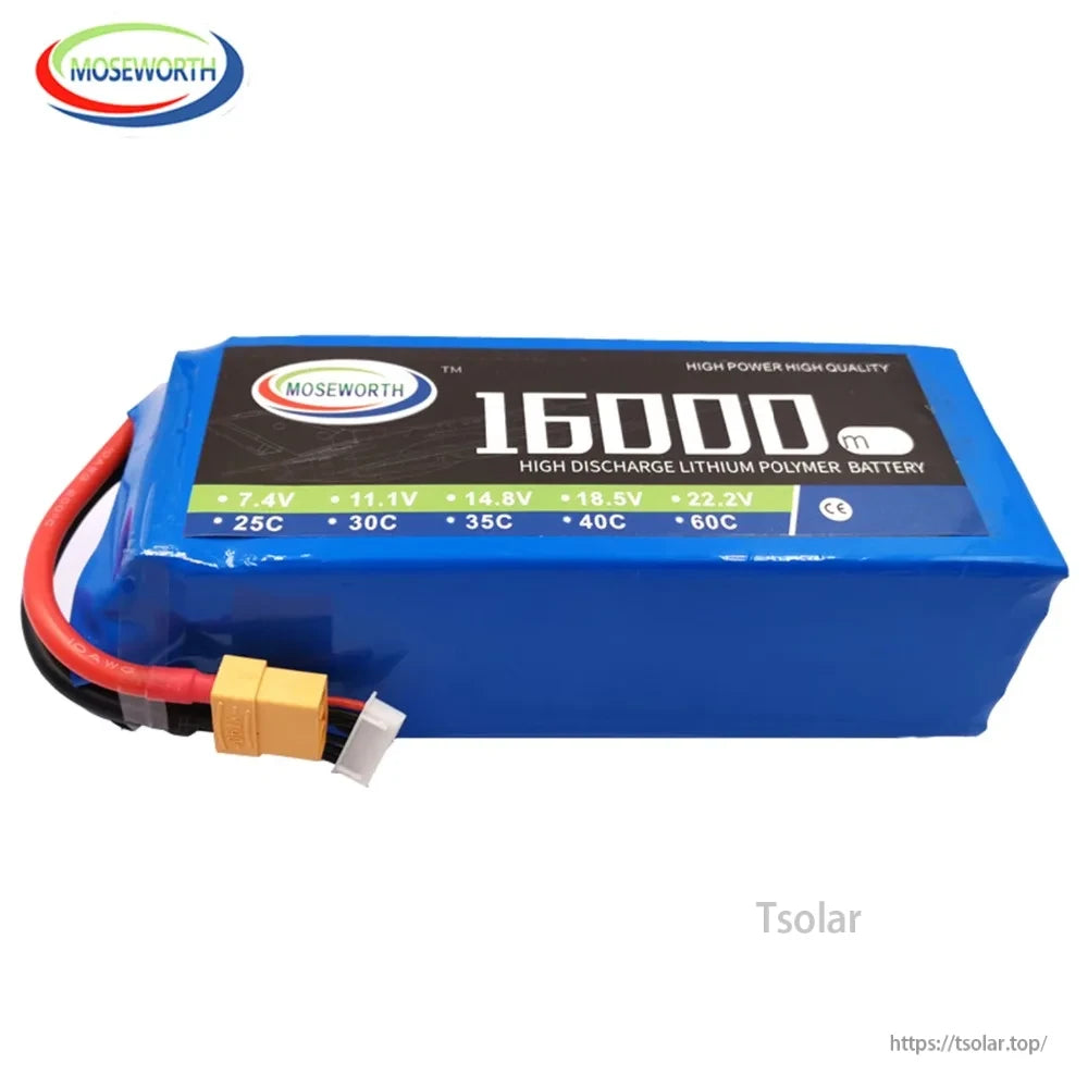 MOSEWORTH RC Lipo Battery, MOSEWORTH 16000mAh LiPo battery, 7.4V-22.2V, 25C-60C discharge rate, CE certified, blue case with red-black wires and yellow connector.