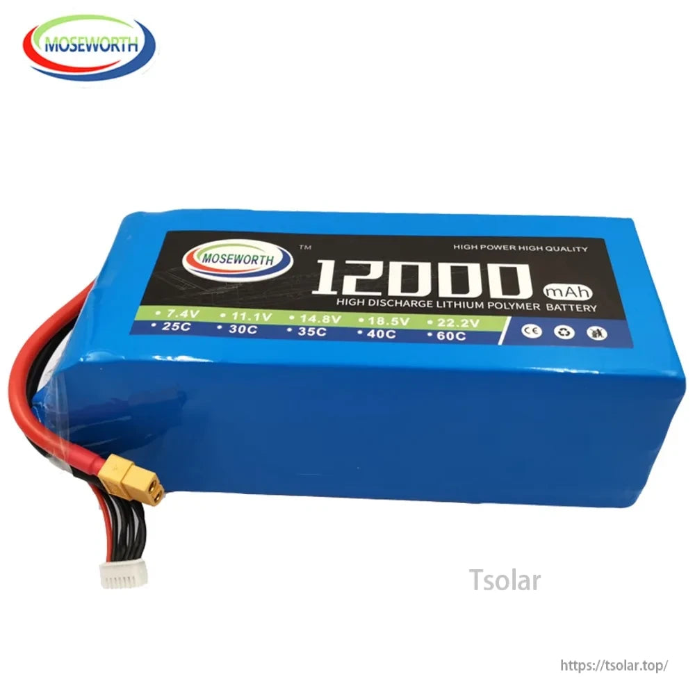MOSEWORTH RC Lipo Battery, MOSEWORTH 12000mAh LiPo battery, 7.4V-22.2V, 25C-60C discharge, CE certified, high power and quality.