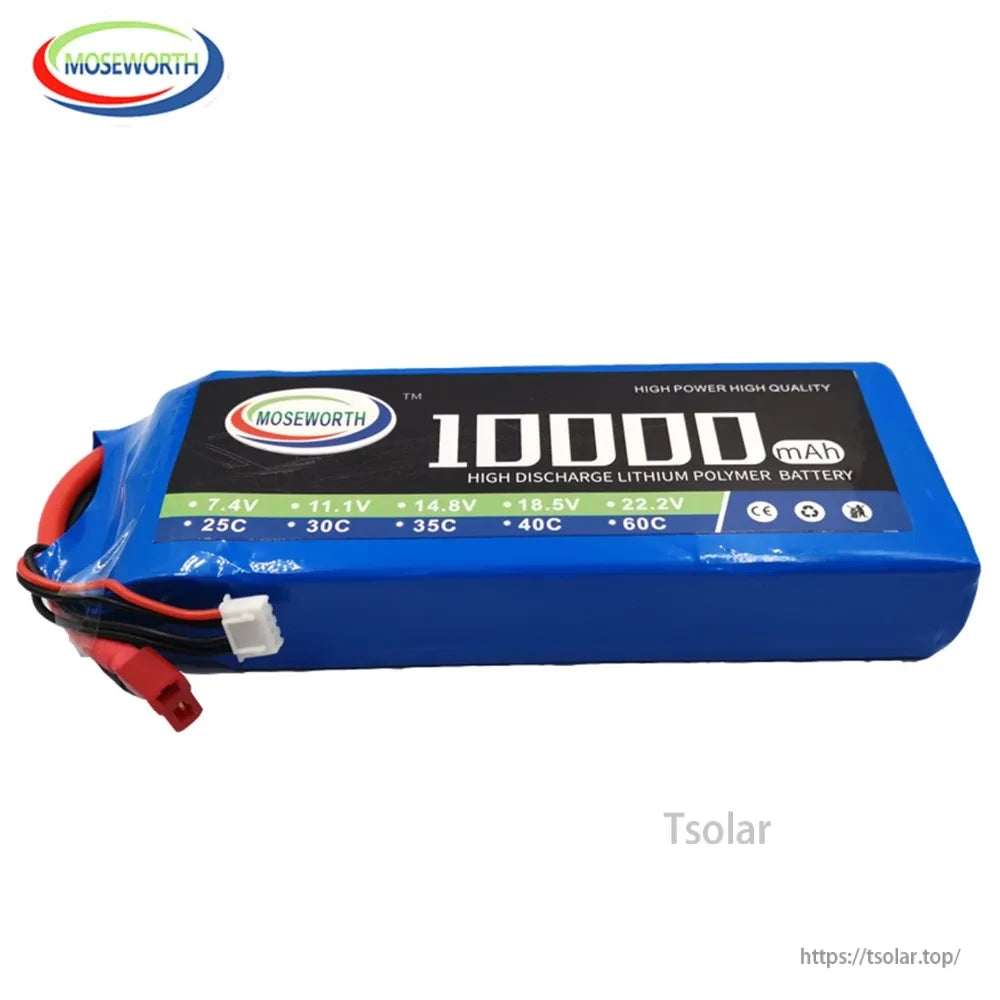 MOSEWORTH RC Lipo Battery, MOSEWORTH 10000mAh LiPo battery, 7.4V-22.2V, 25C-60C discharge rate, high power and quality for demanding applications.