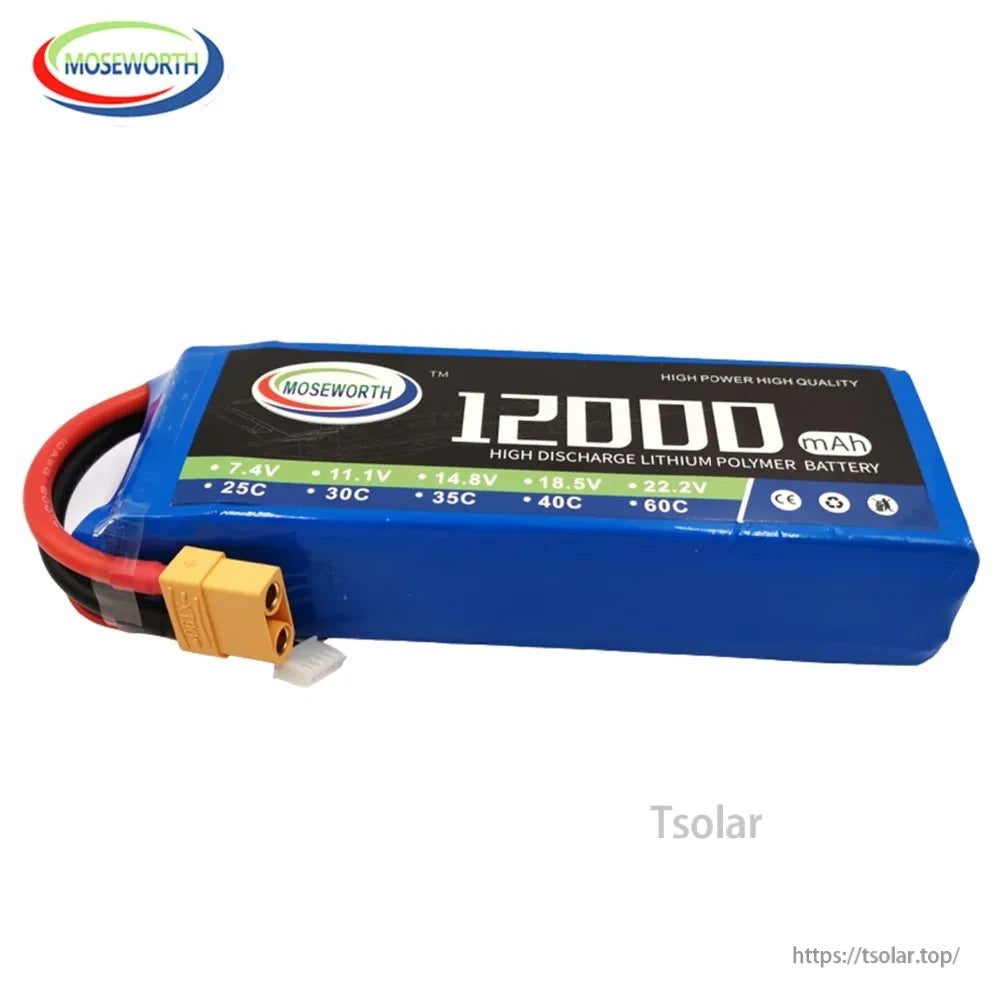 MOSEWORTH RC Lipo Battery, MOSEWORTH 12000mAh LiPo battery, 7.4V–22.2V, 25C–60C discharge, high power and quality, CE and RoHS certified.