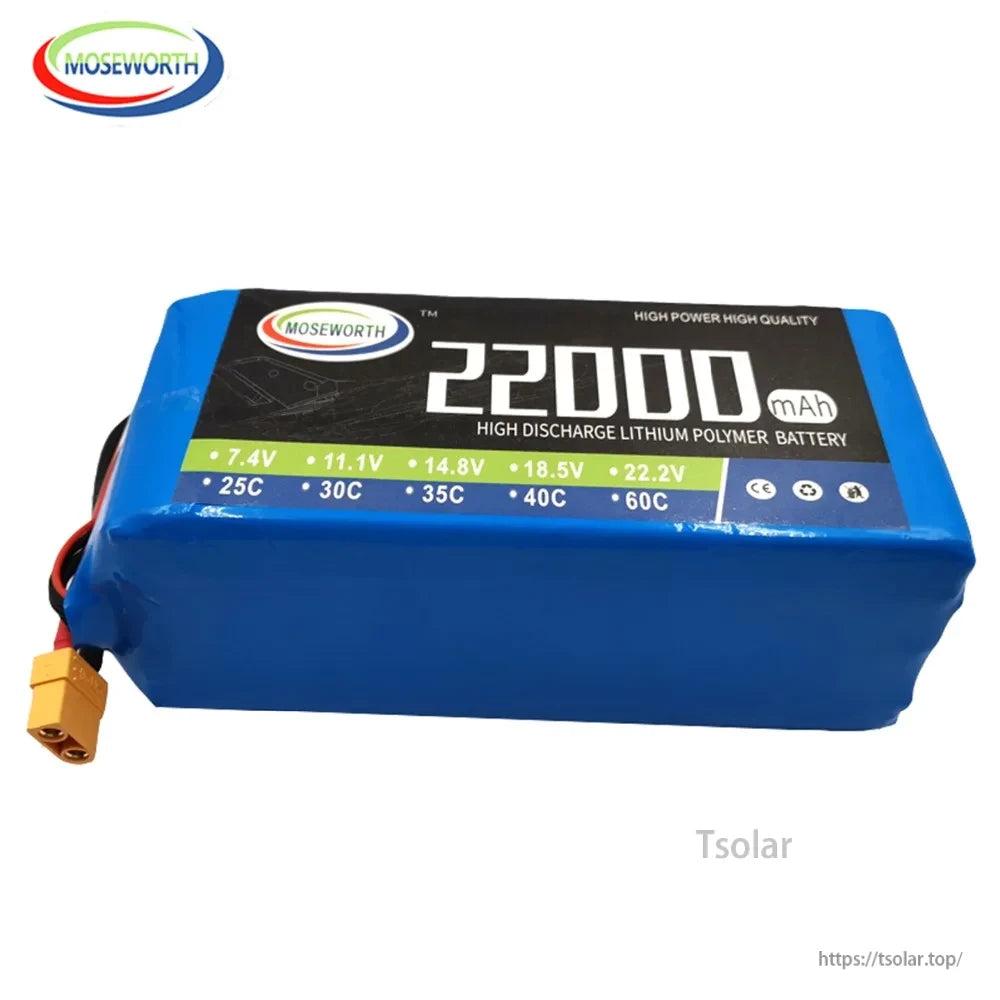 MOSEWORTH RC Lipo Battery, MOSEWORTH 22000mAh LiPo battery, 7.4V-22.2V, 25C-60C discharge, high power and quality, CE certified.