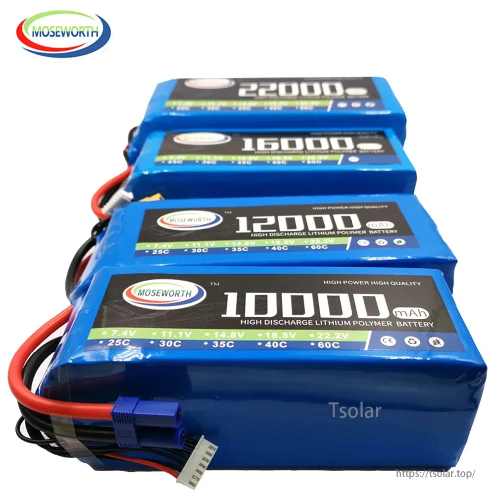 MOSEWORTH RC Lipo Battery, MOSEWORTH high-discharge LiPo batteries offer 10000–22000mAh capacities, 7.4–22.2V voltages, 25–60C discharge rates, CE/RoHS certified, blue casing, ideal for RC use.