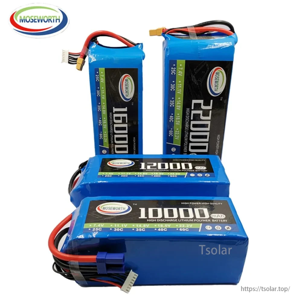 MOSEWORTH RC Lipo Battery, MOSEWORTH RC LiPo batteries offer high power and quality, with capacities from 10000mAh to 22000mAh, voltages from 7.4V to 22.2V, and discharge rates of 25C to 60C.