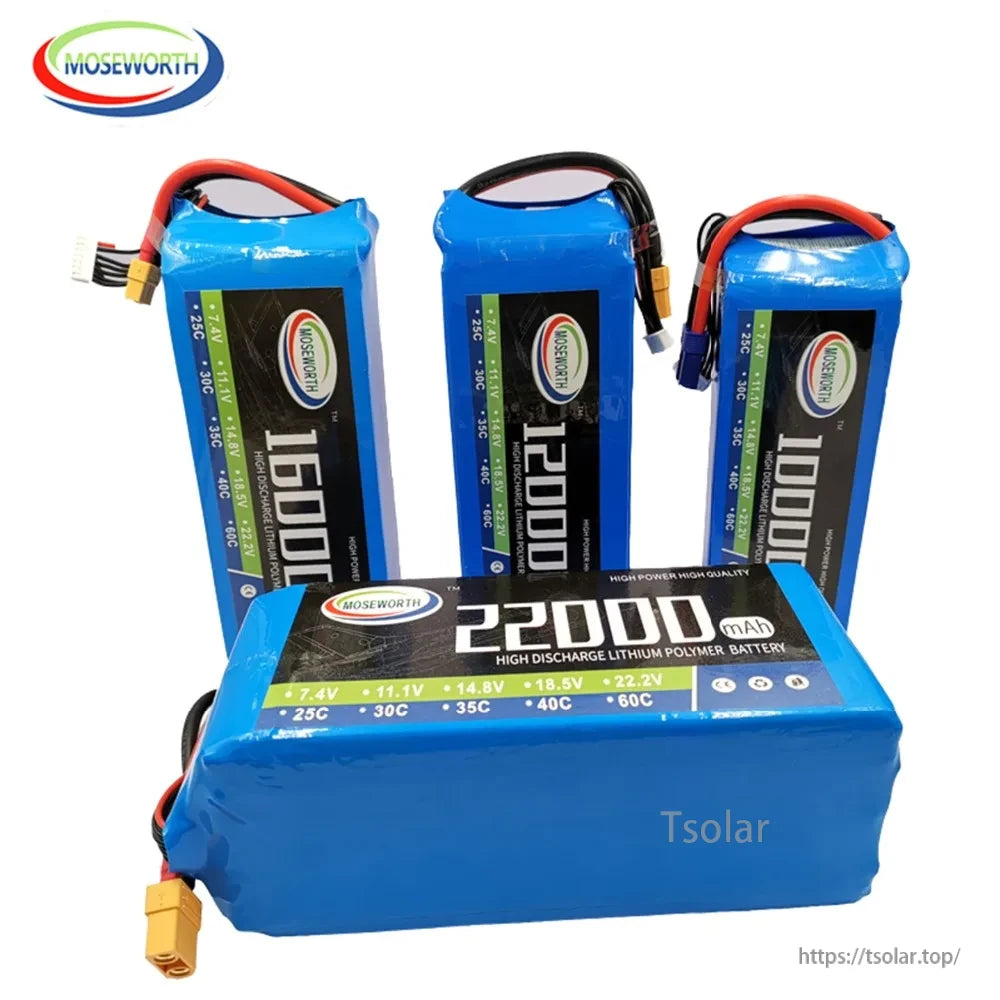 MOSEWORTH RC Lipo Battery, MOSEWORTH offers high discharge lithium polymer batteries with capacities from 10,000mAh to 22,000mAh, voltages from 7.4V to 22.2V, and discharge rates of 25C to 60C.