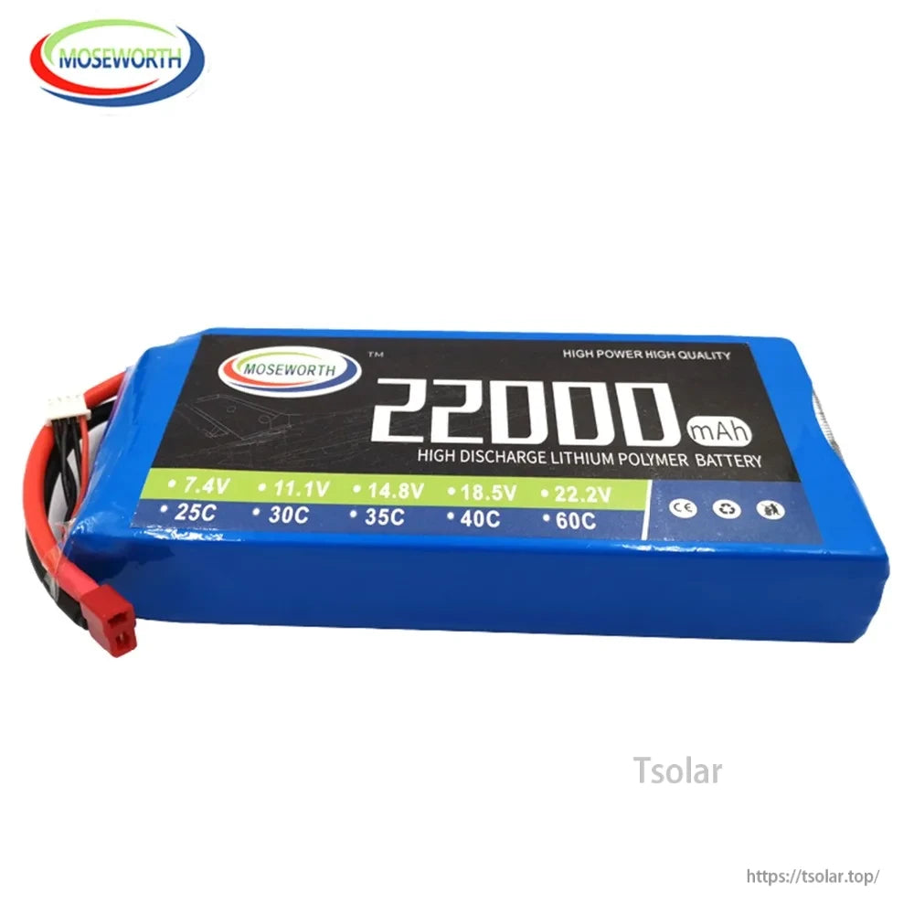 MOSEWORTH RC Lipo Battery, MOSEWORTH 22000mAh LiPo battery, 7.4V-22.2V, 25C-60C discharge rate, high power, CE certified, durable and reliable for demanding applications.
