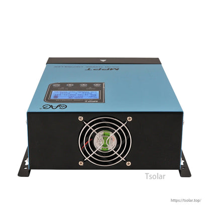 Cooling fan and side panel view of MPPT solar charge controller with metal fan guard
