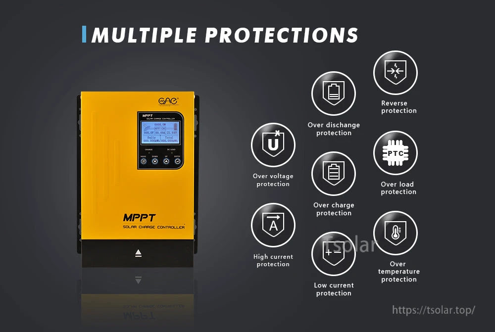 Multiple protections graphic for MPPT solar charge controller, including overcharge, overload, and overtemperature