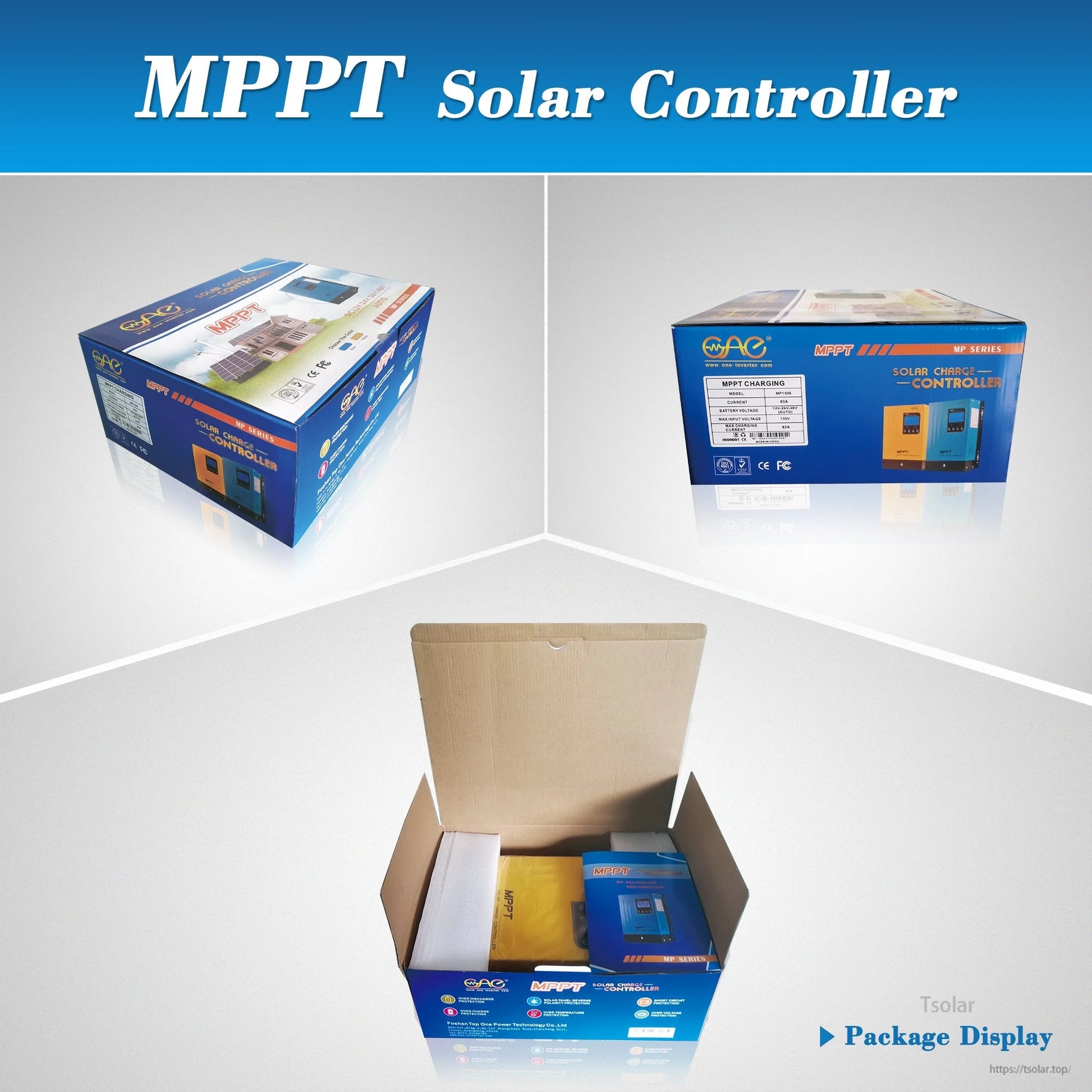Retail packaging and box contents display for MPPT solar charge controller