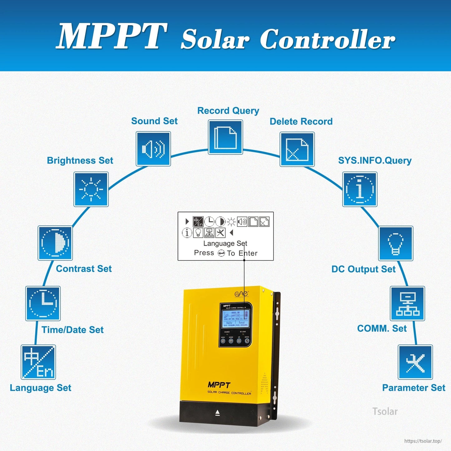 MPPT solar controller LCD menu graphic showing brightness, sound, record, DC output, and parameter settings