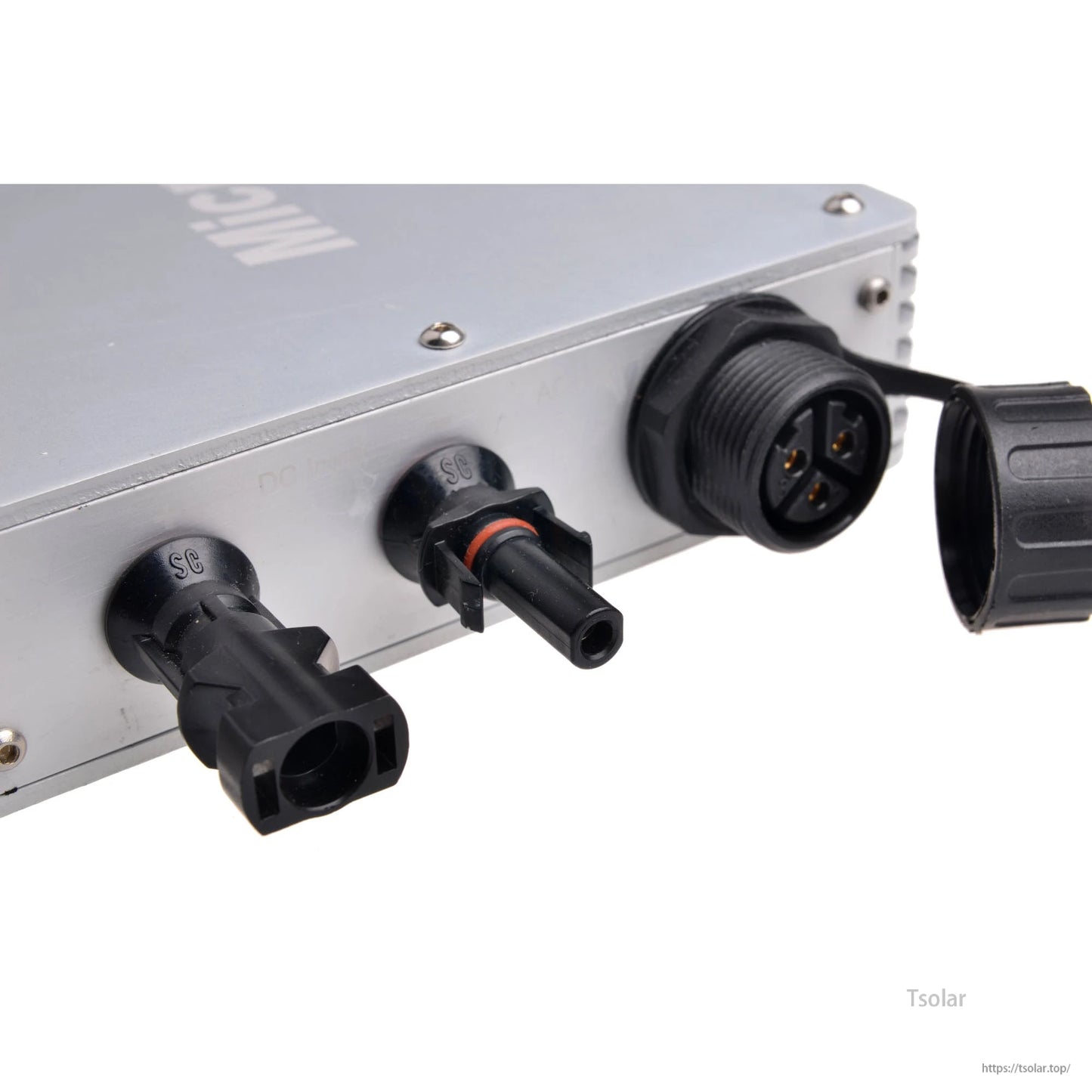 MPPT 600W Waterproof Grid Tie Inverter, Close-up of MPPT 600W waterproof grid-tie inverter showing sealed DC input and AC output connector ports