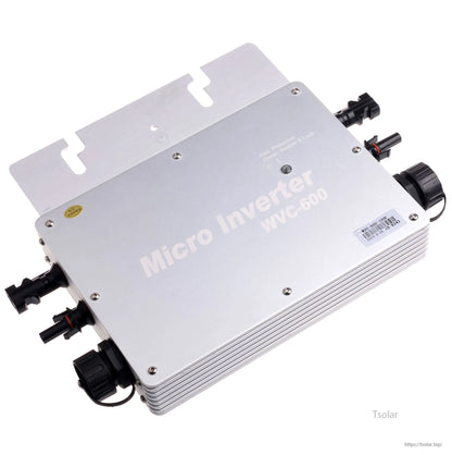 MPPT 600W Waterproof Grid Tie Inverter, WVC-600 micro inverter in aluminum waterproof housing with mounting plate and sealed cable connectors
