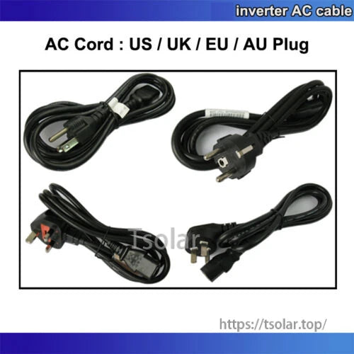 MPPT 700W Waterproof Grid Tie Inverter, AC power cord options with US, UK, EU, and AU plugs for a waterproof grid-tie inverter connection