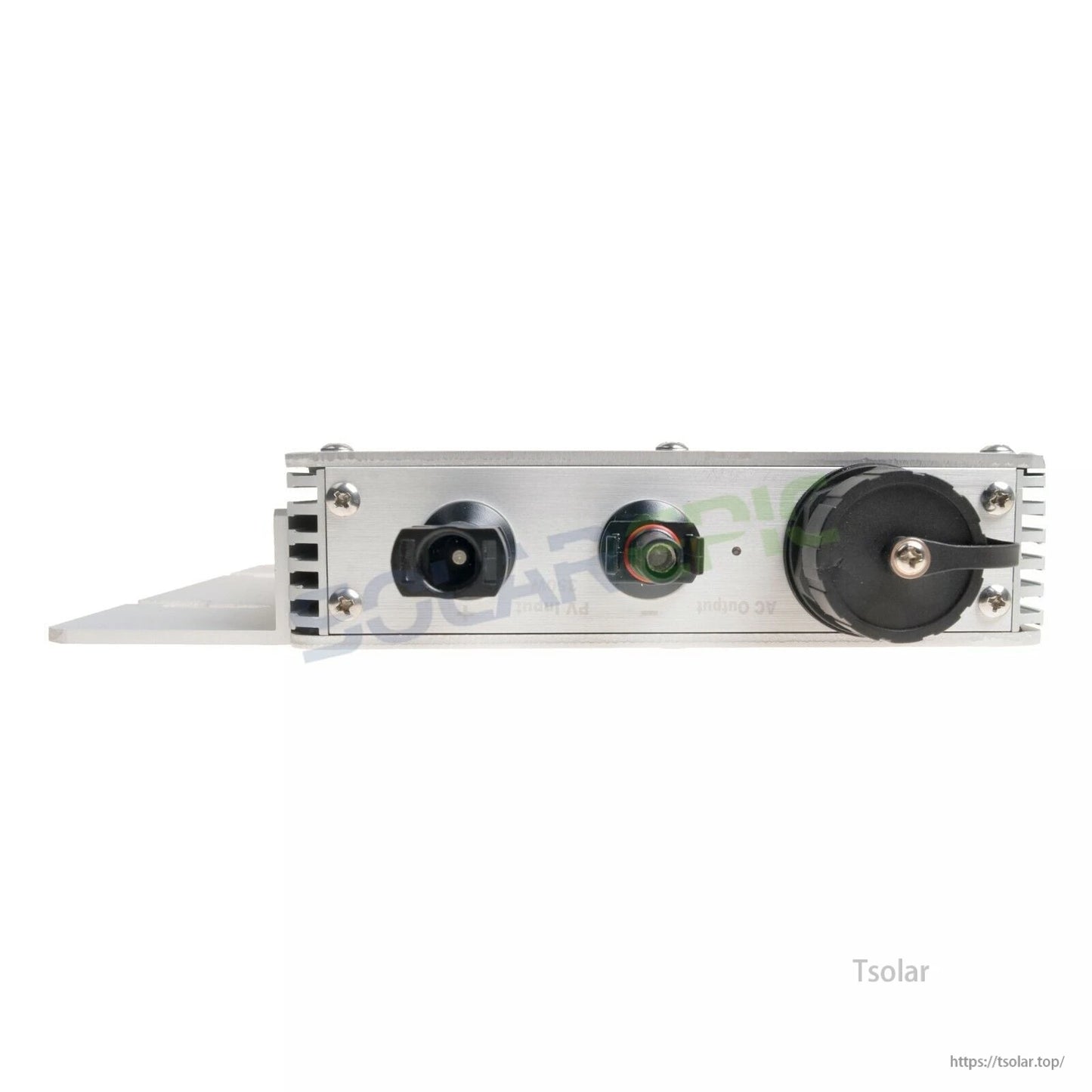 MPPT 700W Waterproof Grid Tie Inverter, Front panel of MPPT 700W grid-tie inverter with metal case, round input connector, status port, and large sealed output plug
