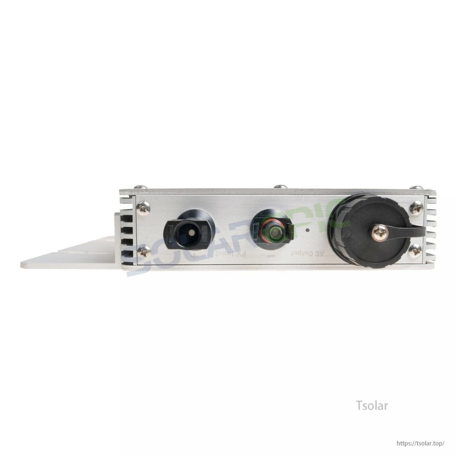 MPPT 700W Waterproof Grid Tie Inverter, Front panel of MPPT 700W grid-tie inverter with metal case, round input connector, status port, and large sealed output plug