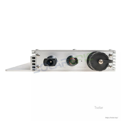 MPPT 700W Waterproof Grid Tie Inverter, Front panel of MPPT 700W grid-tie inverter with metal case, round input connector, status port, and large sealed output plug