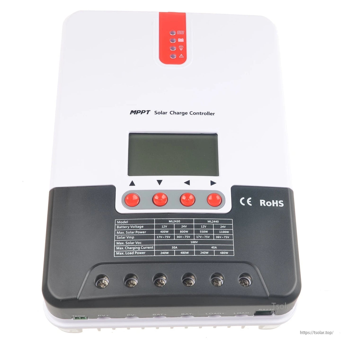 MPPT solar charge controller with LCD display, four buttons, status LEDs, and PV/battery/load screw terminals