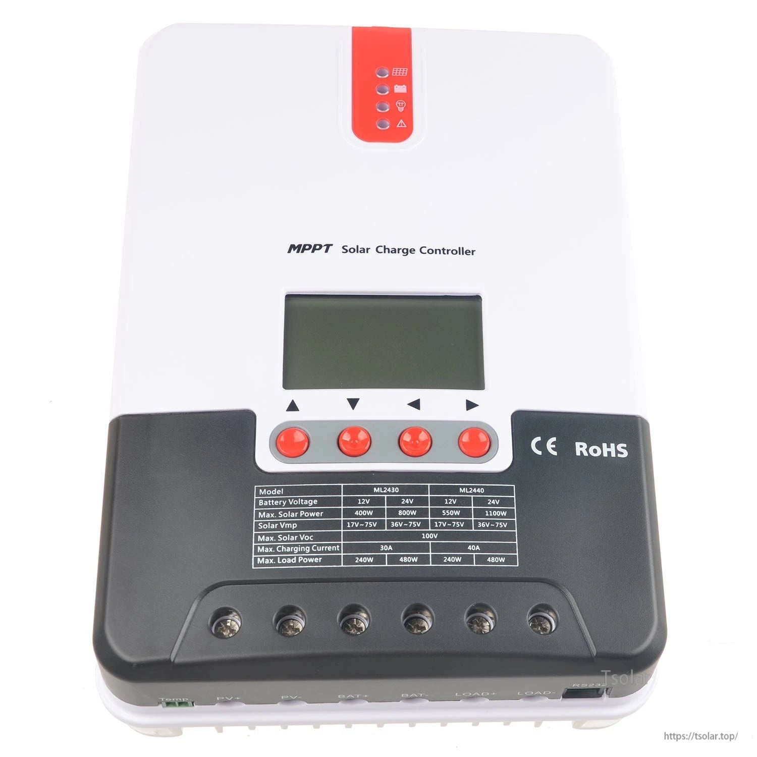 MPPT solar charge controller with LCD display, four buttons, status LEDs, and PV/battery/load screw terminals
