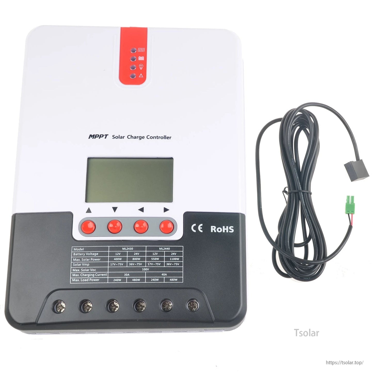 MPPT solar charge controller with LCD display, control buttons, status LEDs, and wired sensor lead