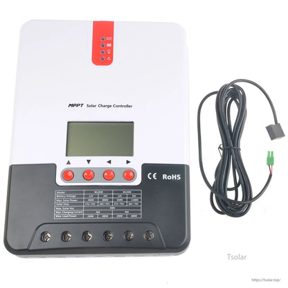MPPT solar charge controller with LCD display, control buttons, status LEDs, and wired sensor lead