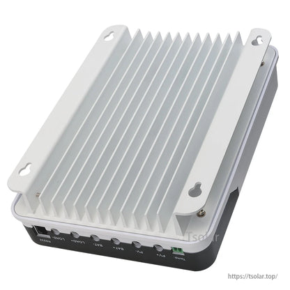 MPPT solar charge controller with finned aluminum heatsink and labeled PV, battery and load terminals