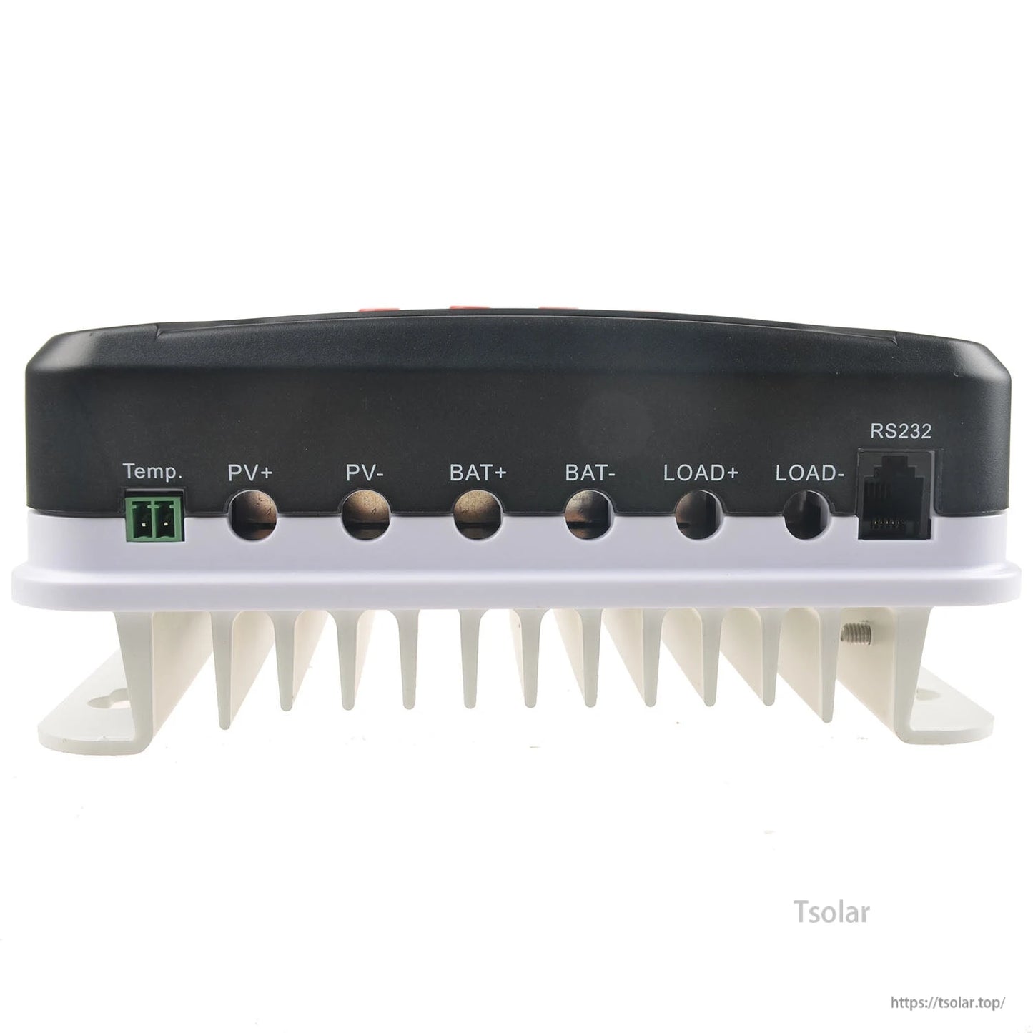 MPPT solar charge controller with Temp sensor port, PV/BAT/LOAD terminals, and RS232 communication jack