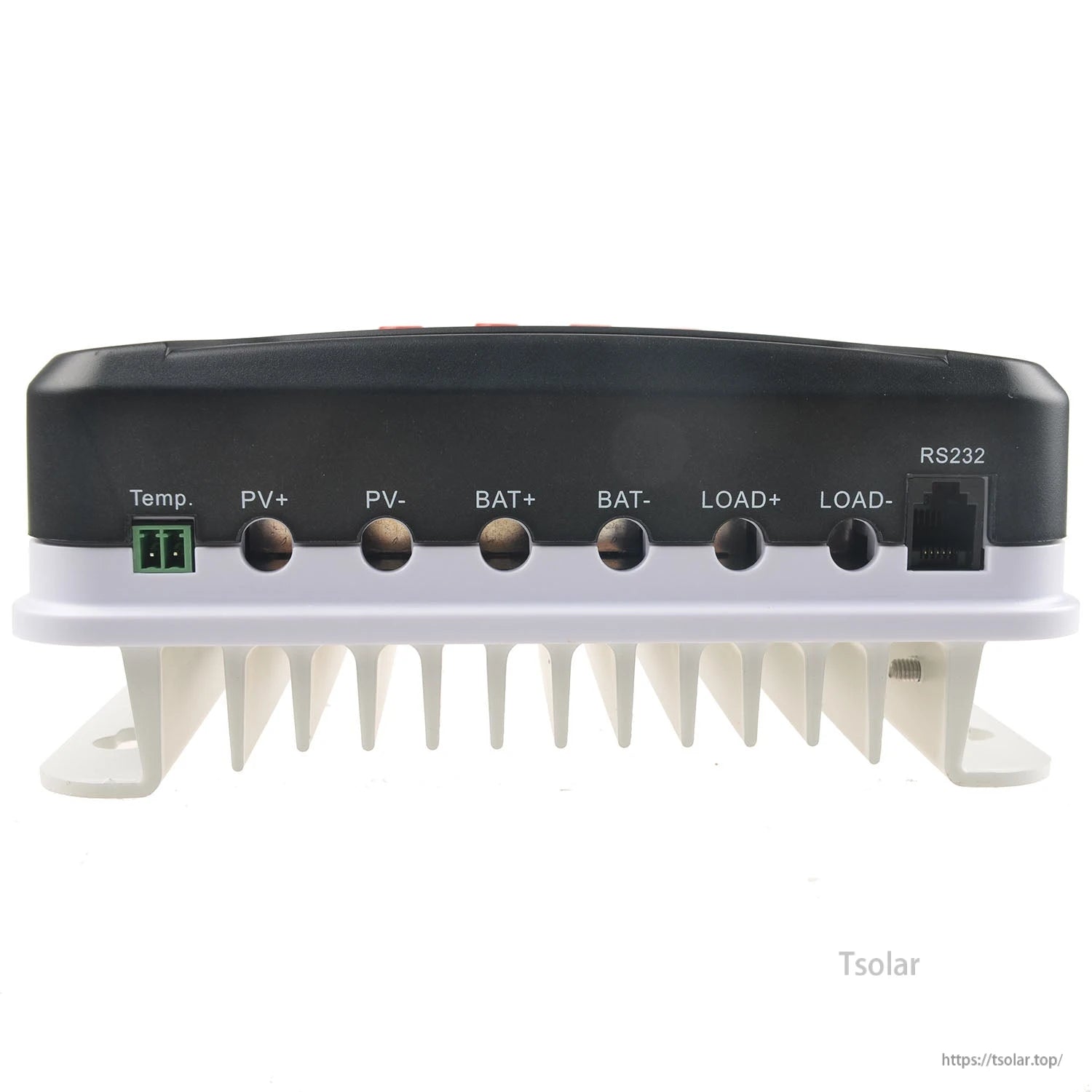 MPPT solar charge controller with Temp sensor port, PV/BAT/LOAD terminals, and RS232 communication jack