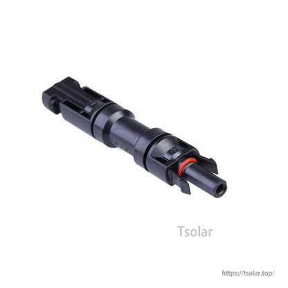 Black MC4 male-to-female inline diode solar panel cable connector with locking tabs and red sealing ring