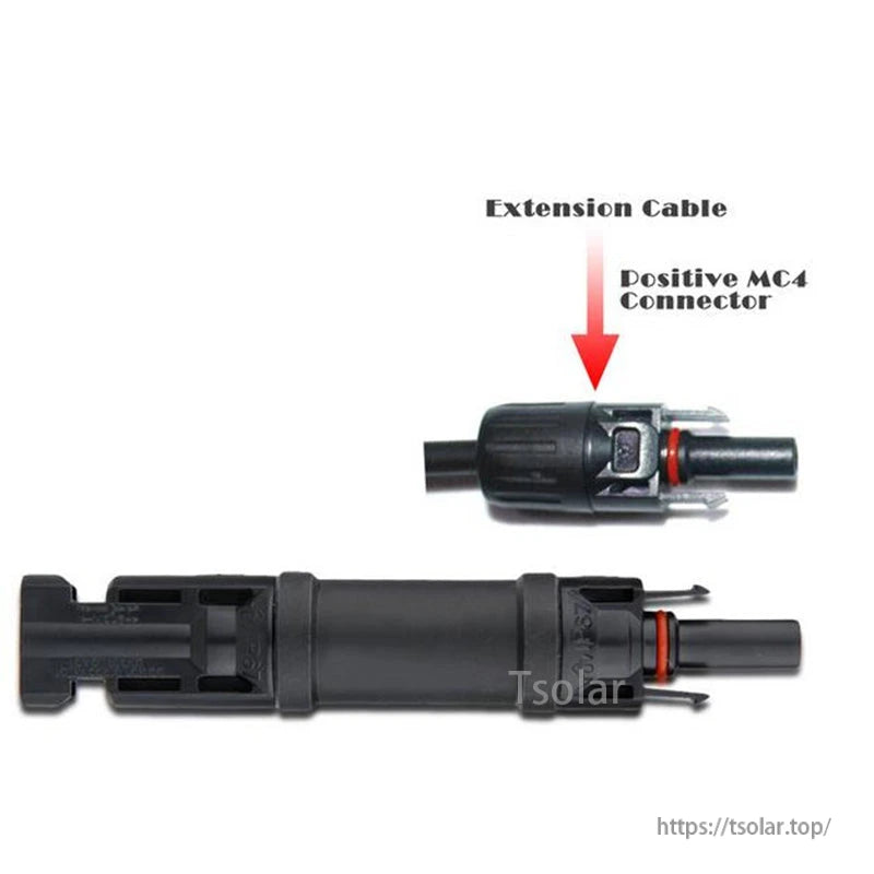 MC4 inline diode solar extension cable connector set, black male and female ends with locking tabs and seals