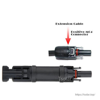 MC4 inline diode solar extension cable connector set, black male and female ends with locking tabs and seals