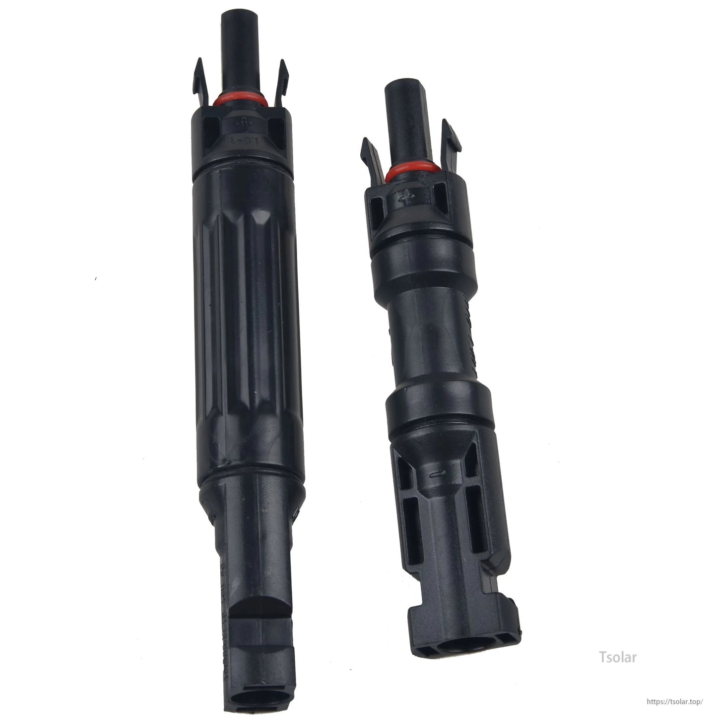 Inline MC4 solar panel diode connector set with male and female ends, black housings, locking tabs and red seals