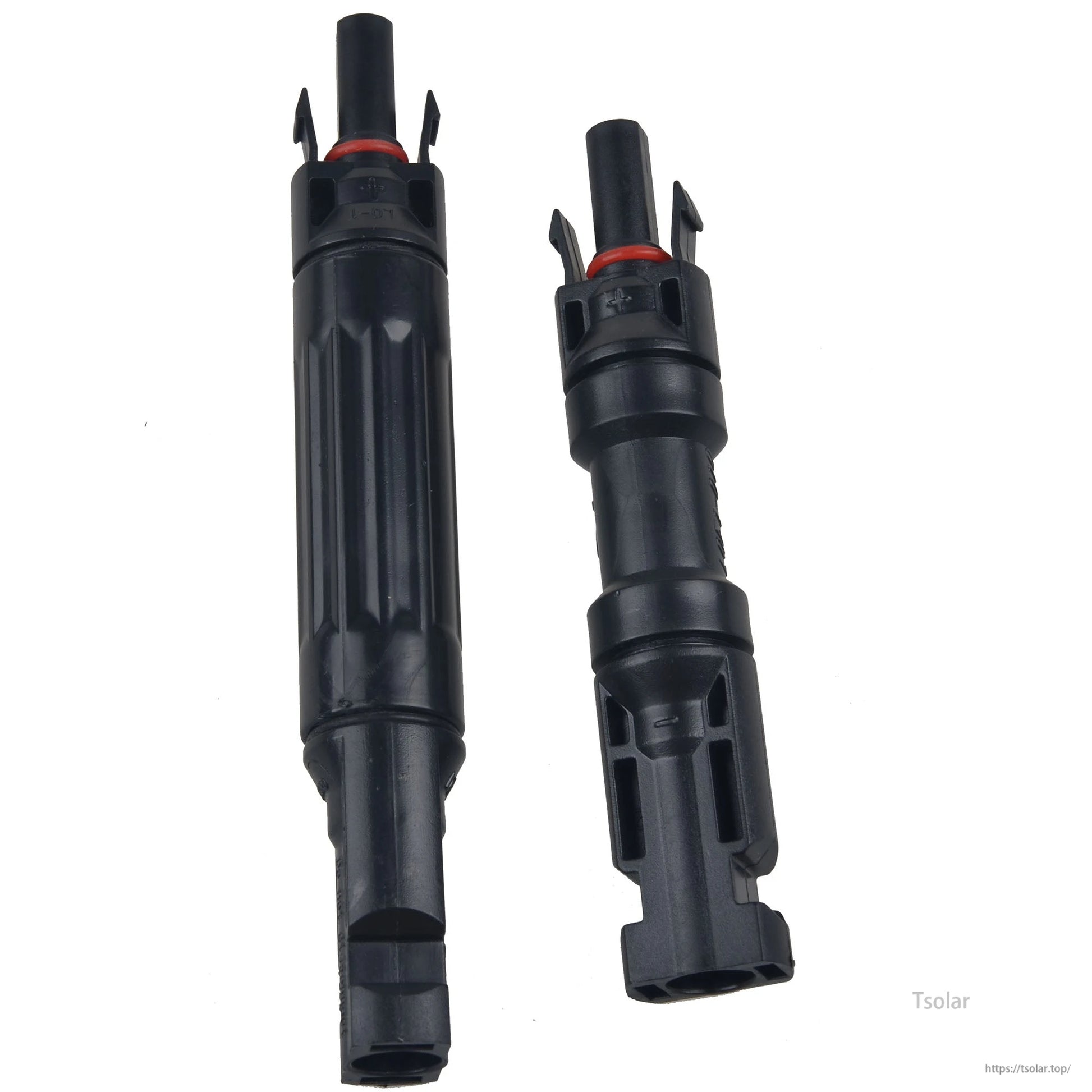 Inline MC4 solar panel diode connector set with male and female ends, black housings, locking tabs and red seals