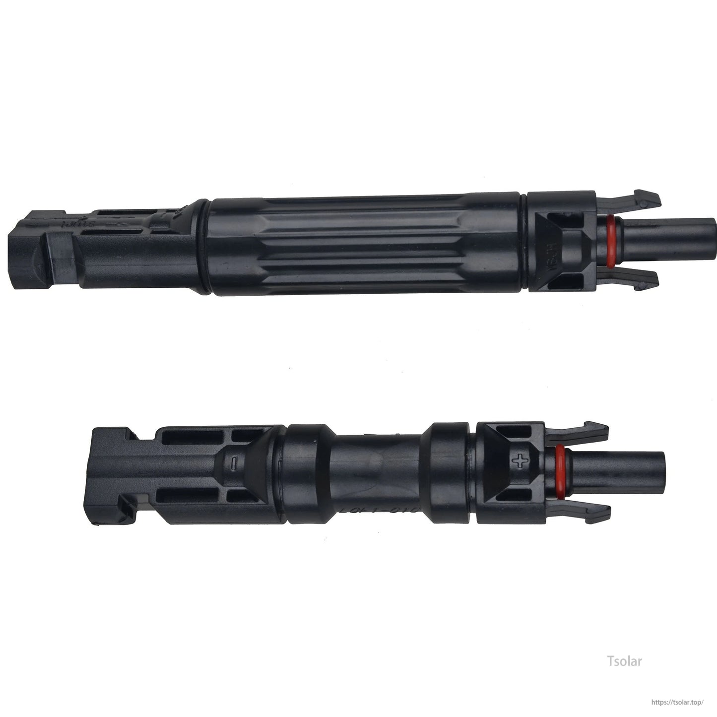 Male-to-female MC4 inline diode solar connector set with locking tabs and red O-ring seals