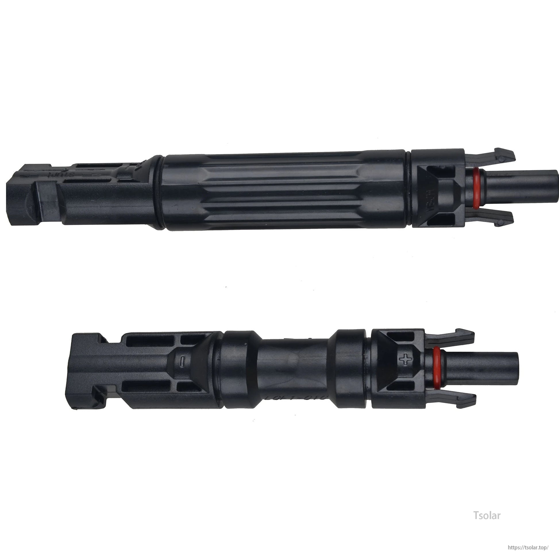 Male-to-female MC4 inline diode solar connector set with locking tabs and red O-ring seals