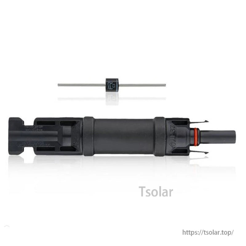 Inline MC4 solar panel cable connector with built-in diode, male and female ends, black housing with red seal