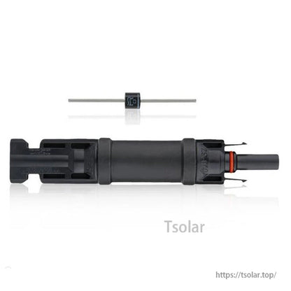 Inline MC4 solar panel cable connector with built-in diode, male and female ends, black housing with red seal