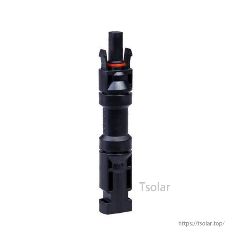 Black MC4-style inline diode solar panel cable connector, male-to-female adapter with locking tabs