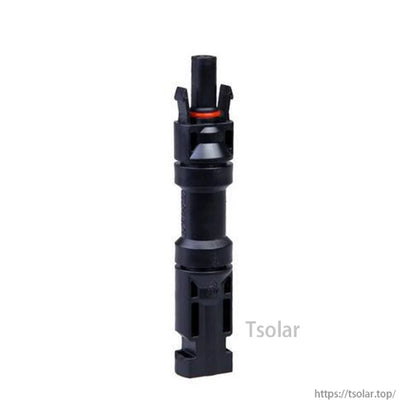 Black MC4-style inline diode solar panel cable connector, male-to-female adapter with locking tabs