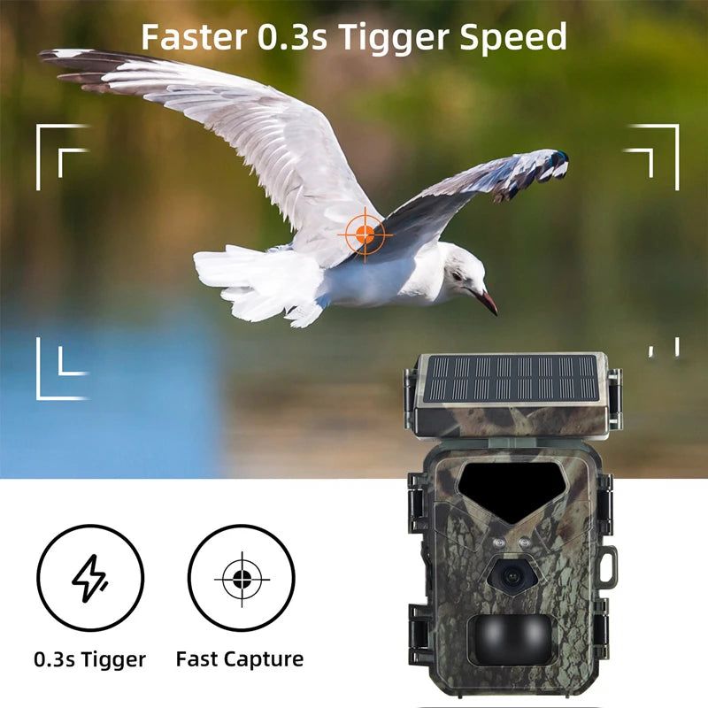 Mini700 Solar Trail Camera has fast trigger speed at 0.35 seconds for quick wildlife capture.